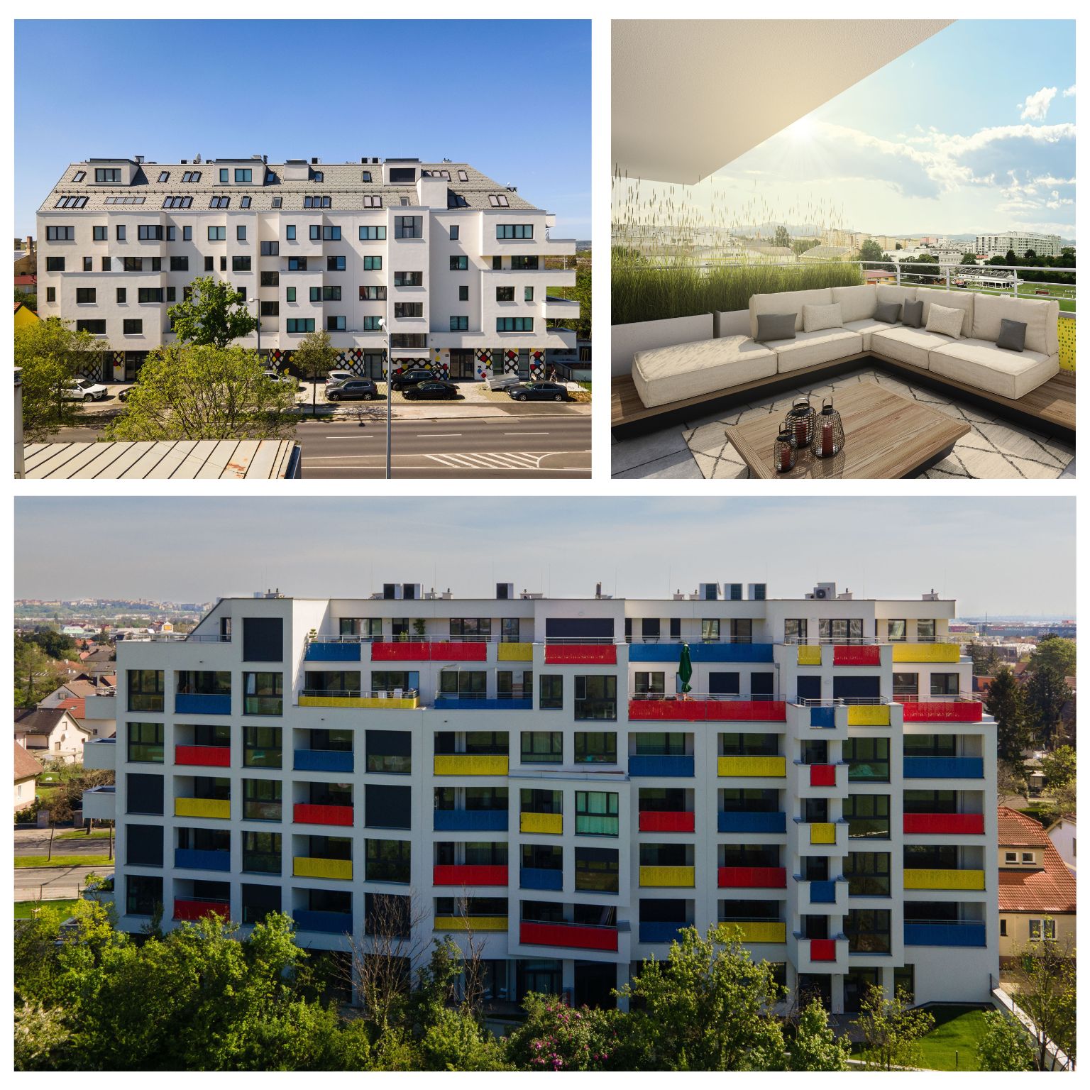 Straßenseitige Fassade in Weiß. Hofseitige Terrassen und Loggien mit Brüstungen in Gelb, Rot und Blau.