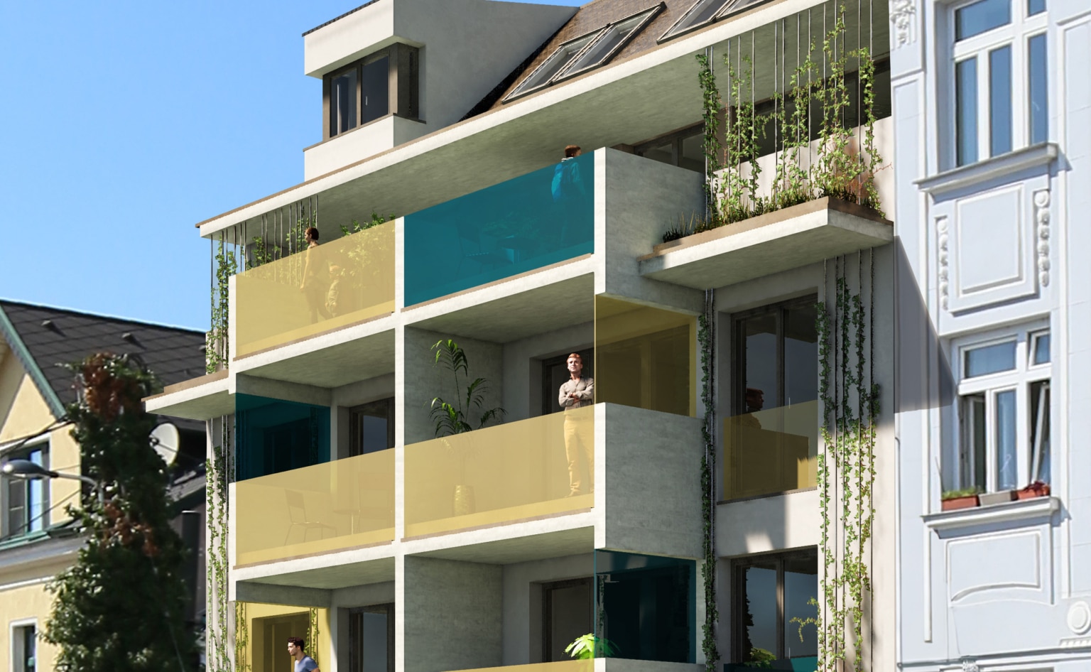 Im Zentrum sieht man ein Haus mit beigen und petrolfarbenen Balkonen.