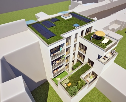 Auf der Hofseite sieht man die Fassade mit Loggien und Grünflächen.