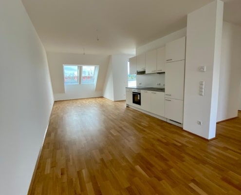 Hier sieht man einen Wohnbereich mit Einbauküche in weiß.