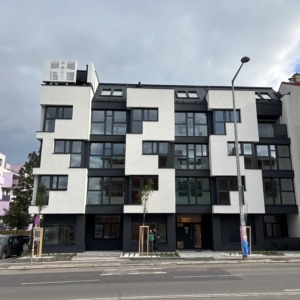 Hier sieht man ein straßenseitiges Haus mit heller Fassade und dunklen Fensterrahmen.