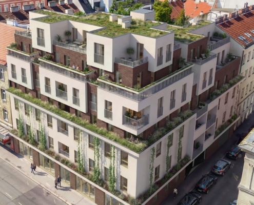 Haus mit heller Fassade und braunen Teilbereichen, Loggien und Terrassen.