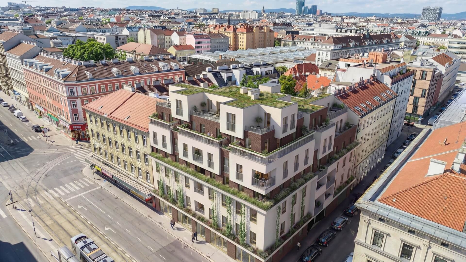 Hier sieht man ein saniertes Haus mit weißer Fassade und braunen Elementen mit Ausblick auf die Skyline von Wien. Hier sieht man ein saniertes Haus mit weißer Fassade und braunen Elementen mit Ausblick auf die Skyline von Wien.