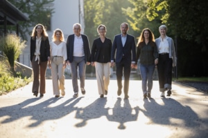 Sieben Personen gehen lächelnd und dynamisch nebeneinander. Im Hintergrund sind Bäume zu sehen. Zwei Männer tragen Sakko, die Frau in der Mitte eine schwarze Bluse. Die Damen links außen sind in beige und braun Tönen und rechts außen in blau und grün Tönen gekleidet.